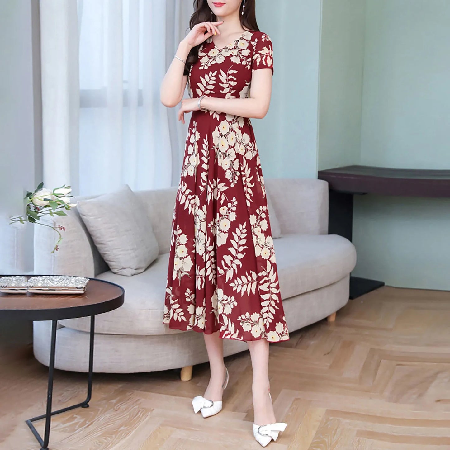 Elegant Long Dresses For Women Round Neck Short Sleeve Printed Chiffon Dress Pleated Dress Summer