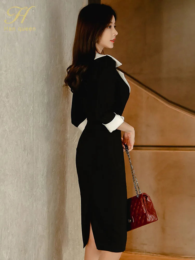 Women New Notched Neck Black Sheath Pencil Dress Fashion Slim