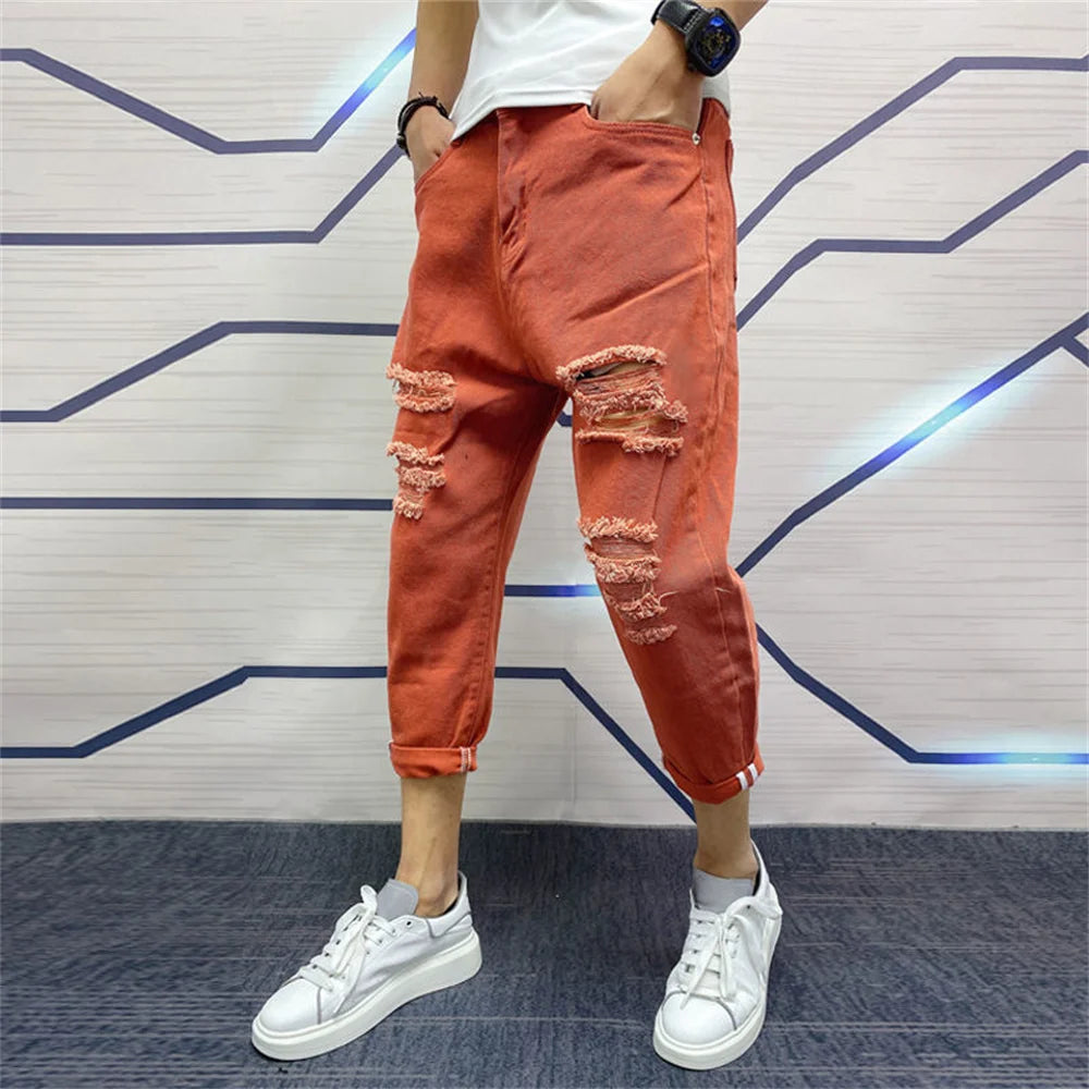 New Men's Ripped Hole Jeans Ankle Length Youth Fashion Loose Denim Harem Cargo Pants