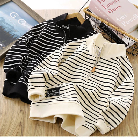 Boys Stripes Sweatshirt Spring Autumn Casual Pullover Big Kids Lapel Zipper Tops Children Sportswear Clothing 4-14 Years