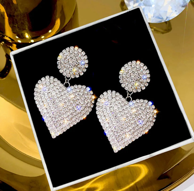 New Heart Earrings Women's Luxurious Geometric Full Rhinestone Earrings