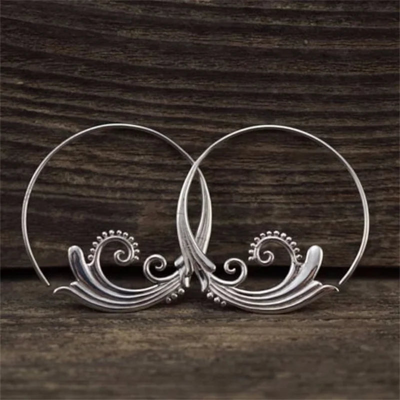 Delicate Round Geometry Sea Wave Earrings for Women Ethnic Silver Color Hoop Earrings for Women Jewelry