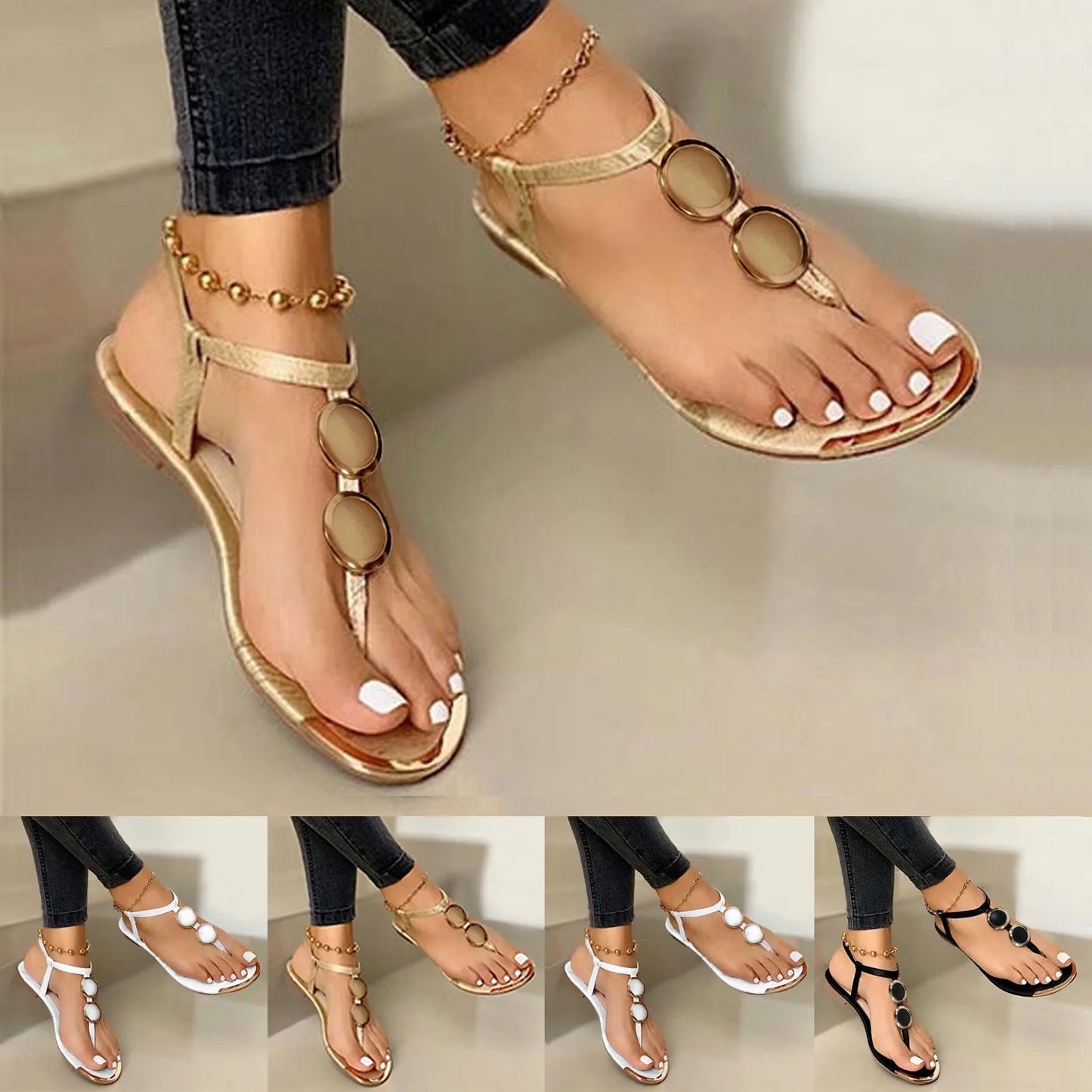 Gold Chain Sandals Buckle Flip Flops Flat With Casual Roman