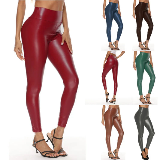 Colorful Faux Leather Pants Women High Waist Skinny Hip Lifting Leggings