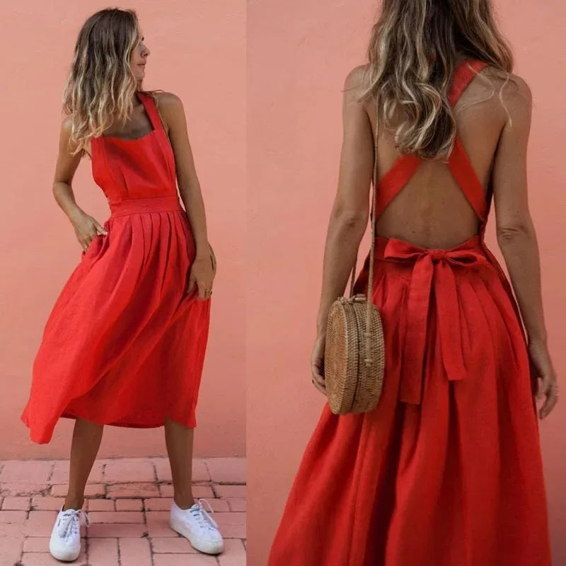 2023 Summer Dress Bowknot Women's Backless Cross Drawstring Beach Dresses Strap Red Vintage Sundress