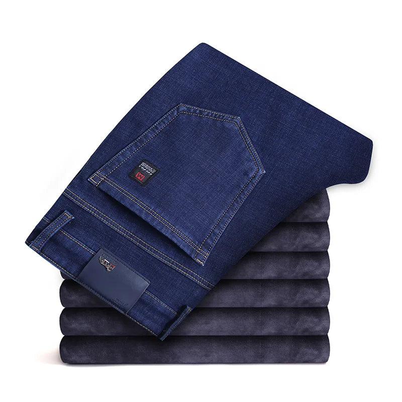 2022 Winter Men's Fleece Jeans Classic Style Business Casual