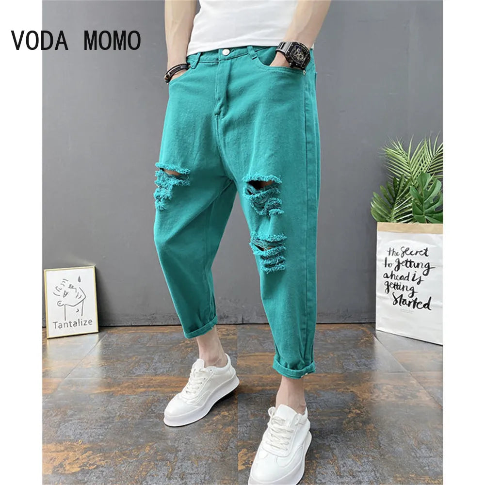 New Men's Ripped Hole Jeans Ankle Length Youth Fashion Loose Denim Harem Cargo Pants