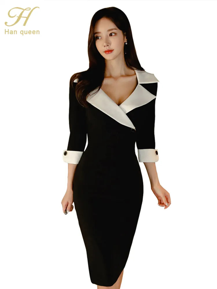 Women New Notched Neck Black Sheath Pencil Dress Fashion Slim