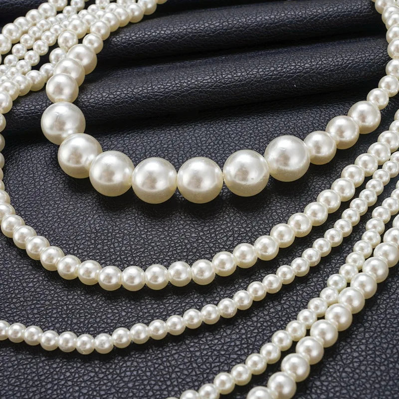 Vintage Imitation Pearl Choker Necklace Art Deco Flapper Accessories for Women White Multi-layer Imitation Pearl Necklaces