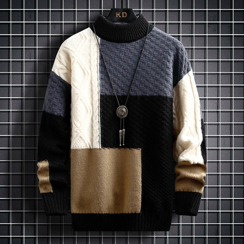 Autumn Winter Men Sweater Warm Fashion Stitching Color Matching Pullover Round Neck Sweater Thickened Knitted Sweater S-3Xl